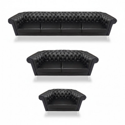 Zwarte Chesterfield lederen set designer 4-zits tweezits fauteuil.