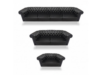 Zwarte Chesterfield lederen set designer 4-zits tweezits fauteuil.