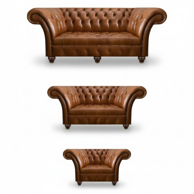 Moderne Chesterfield Lederen Banken Designer Fauteuil Tweezitsbank 3-delig Set