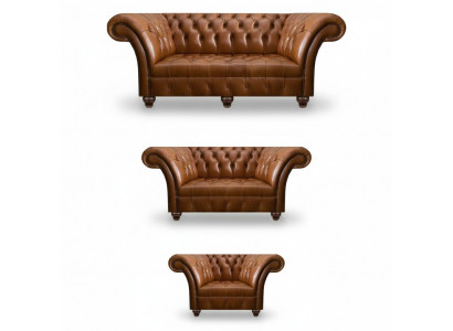 Moderne Chesterfield Lederen Banken Designer Fauteuil Tweezitsbank 3-delig Set