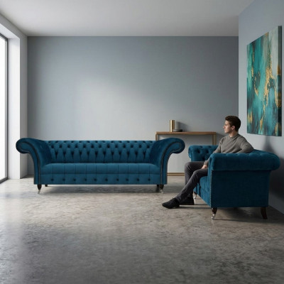 Luxueuze blauwe Chesterfield stoffen set 3-zitsbank tweezitsbank