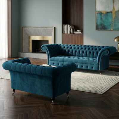 Luxueuze blauwe Chesterfield stoffen set 3-zitsbank tweezitsbank