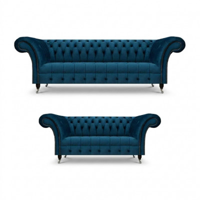 Luxueuze blauwe Chesterfield stoffen set 3-zitsbank tweezitsbank