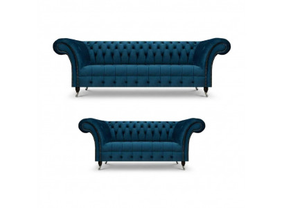 Luxueuze blauwe Chesterfield stoffen set 3-zitsbank tweezitsbank
