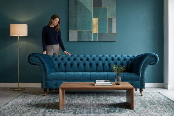 Luxueuze blauwe Chesterfield stoffen bank woonkamer gestoffeerde meubels 3-zits.