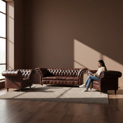 Luxueuze bruine Chesterfield lederen meubelen designer driezitsbank 2x fauteuil 3-delig.