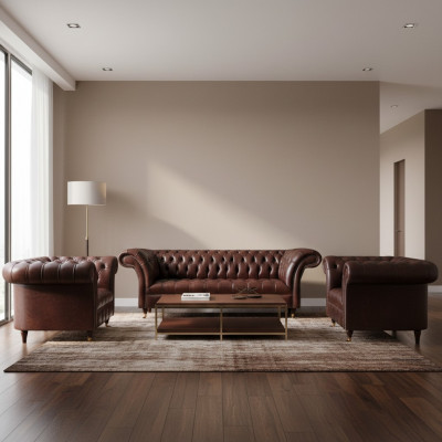 Luxueuze bruine Chesterfield lederen meubelen designer driezitsbank 2x fauteuil 3-delig.