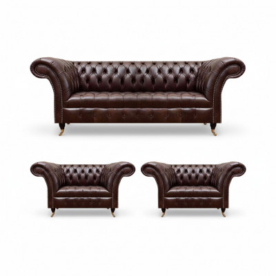 Luxueuze bruine Chesterfield lederen meubelen designer driezitsbank 2x fauteuil 3-delig.