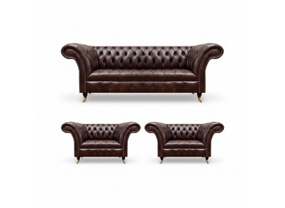 Luxueuze bruine Chesterfield lederen meubelen designer driezitsbank 2x fauteuil 3-delig.