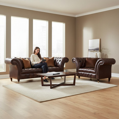 Luxe Bruin Chesterfield Lederen Set Designer 3-Zitsbank Fauteuil 2-delig