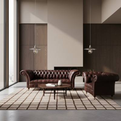 Luxe Bruin Chesterfield Lederen Set Designer 3-Zitsbank Fauteuil 2-delig