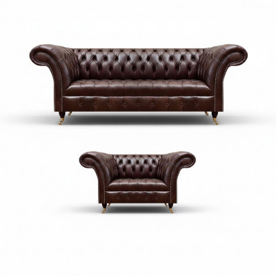 Luxe Bruin Chesterfield Lederen Set Designer 3-Zitsbank Fauteuil 2-delig