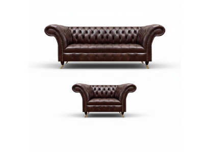 Luxe Bruin Chesterfield Lederen Set Designer 3-Zitsbank Fauteuil 2-delig