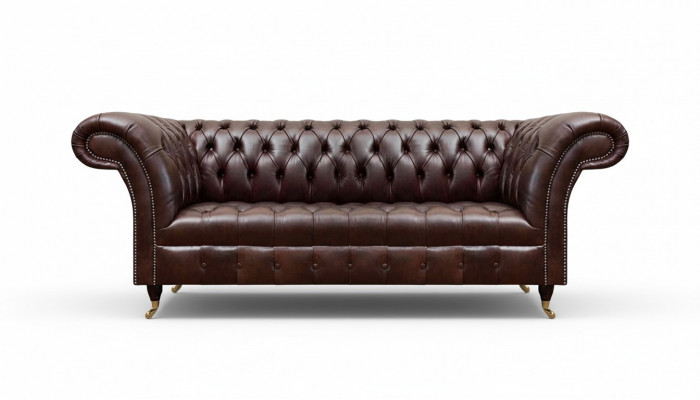 Bruine Chesterfield kunstleren bank designer zithoek woonkamer meubels