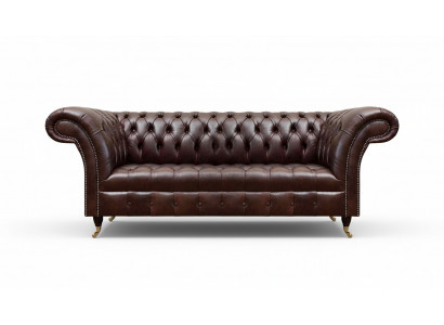 Bruine Chesterfield kunstleren bank designer zithoek woonkamer meubels