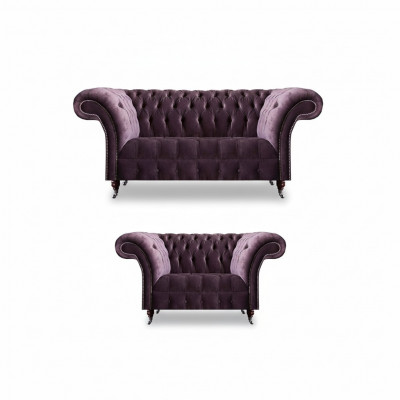 Complete paarse Chesterfield zitgroep textiel driezitsbank 2-zitsbank 2-delig