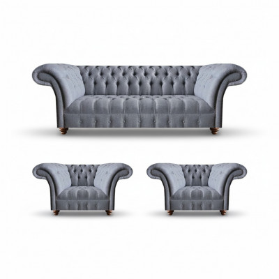 Chesterfield lichtgrijze bankstel elegante bekleding driezitter 2x fauteuils