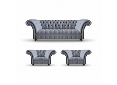 Chesterfield lichtgrijze bankstel elegante bekleding driezitter 2x fauteuils