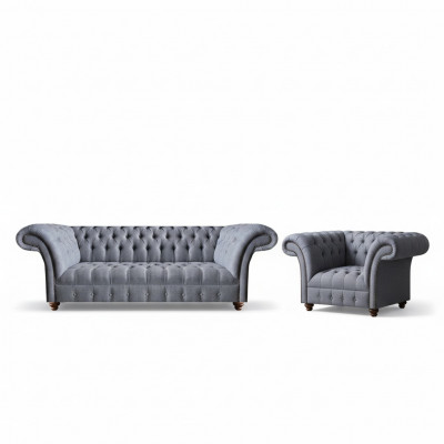 Chesterfield Designer Grijs Gestoffeerd Meubelset Moderne Textielbankstel 2-delig