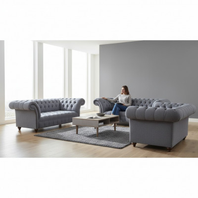 Lichtgrijze Chesterfield gestoffeerde banken Designer 3-zitsbank 2-zitsbank 2-delig
