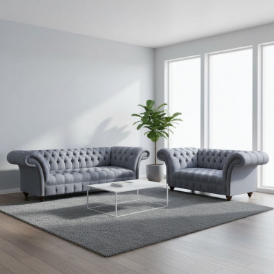Lichtgrijze Chesterfield gestoffeerde banken Designer 3-zitsbank 2-zitsbank 2-delig