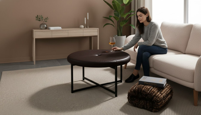 Salontafel van hoogwaardig leer, tafelblad van metaal, donkerbruin woonkamer