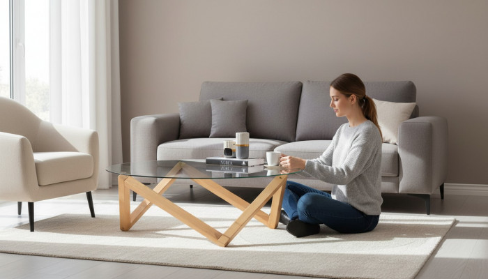 Salontafel in moderne stijl, ronde glazen tafelblad, houten poten voor de woonkamer.