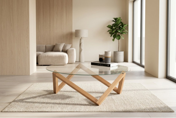 Salontafel in moderne stijl, ronde glazen tafelblad, houten poten voor de woonkamer.