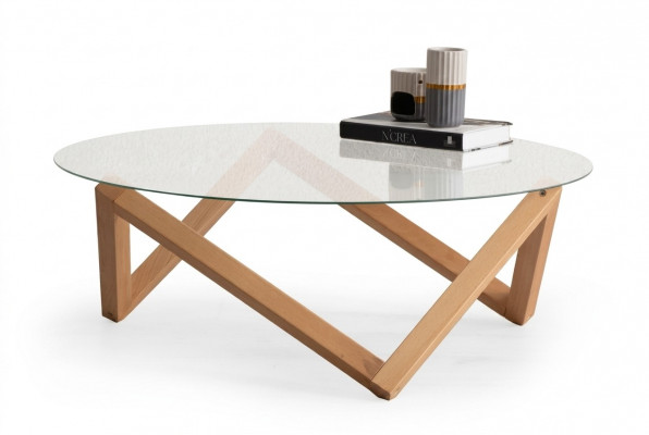 Salontafel in moderne stijl, ronde glazen tafelblad, houten poten voor de woonkamer.