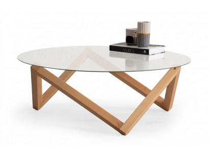 Salontafel in moderne stijl, ronde glazen tafelblad, houten poten voor de woonkamer.