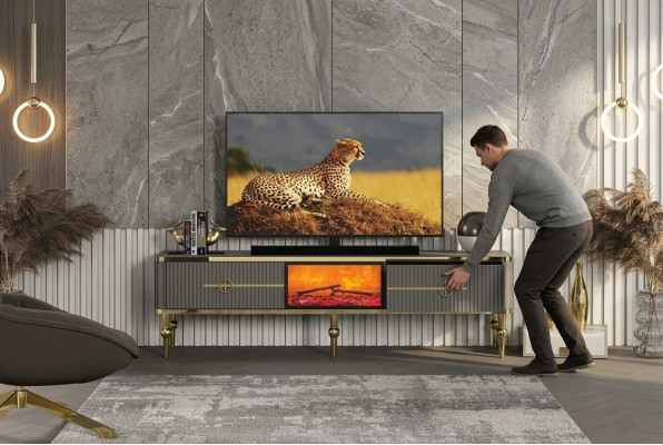 Woonkamer TV-Lowboard grijs open haard RTV dressoir metaal + MDF Exclusief.
