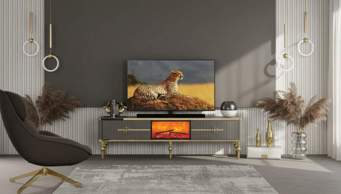 Woonkamer TV-Lowboard grijs open haard RTV dressoir metaal + MDF Exclusief.