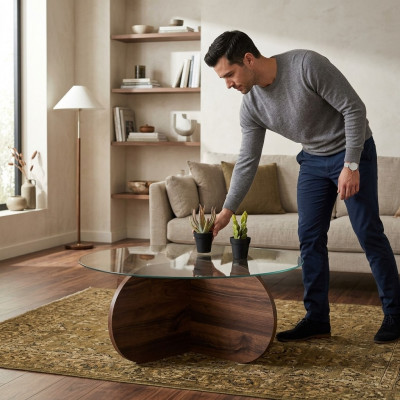 Moderne salontafel woonkamer glas donkerbruin hout spaanplaat Nieuw