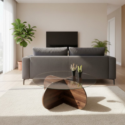 Moderne salontafel woonkamer glas donkerbruin hout spaanplaat Nieuw