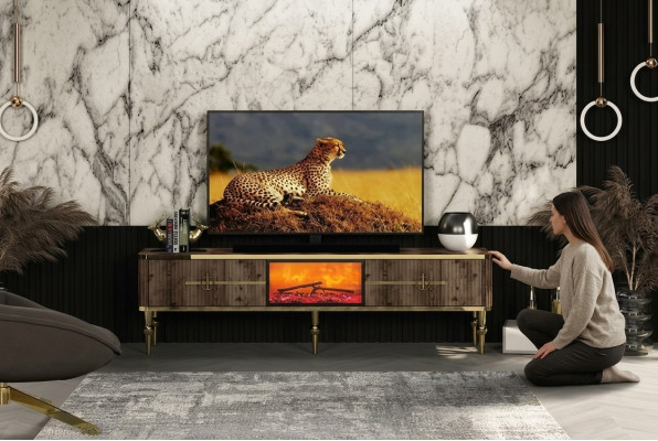TV-meubel woonkamer Luxueus donkerbruin MDF + goudkleurig metaal nieuw