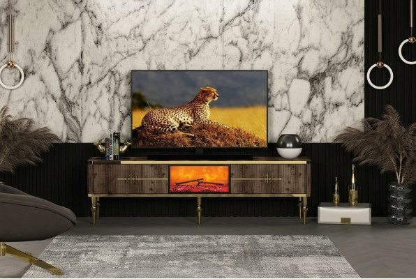 TV-meubel woonkamer Luxueus donkerbruin MDF + goudkleurig metaal nieuw