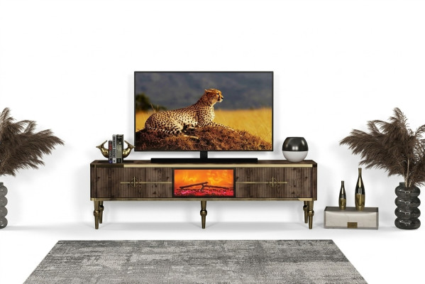 TV-meubel woonkamer Luxueus donkerbruin MDF + goudkleurig metaal nieuw
