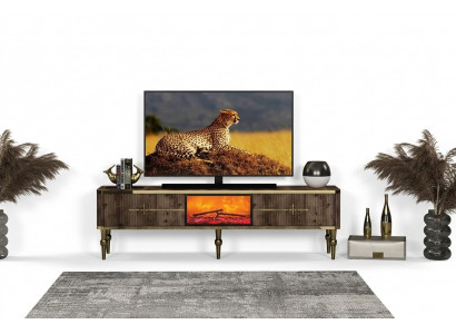 TV-meubel woonkamer Luxueus donkerbruin MDF + goudkleurig metaal nieuw