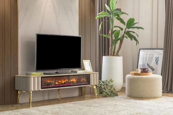 Sideboard RTV woonkamer luxe meubels open haard Beige MDF metaal Lowboard
