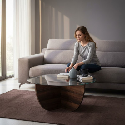 Minimalistische salontafel van glas en hout met X-poten, moderne stijl, nieuw.