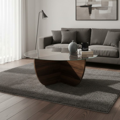 Minimalistische salontafel van glas en hout met X-poten, moderne stijl, nieuw.