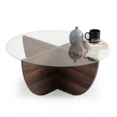 Minimalistische salontafel van glas en hout met X-poten, moderne stijl, nieuw.