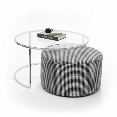 Woonkamerset salontafel glas en metaal + gestoffeerde zithocker