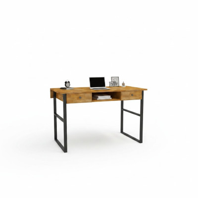 Bruine houten tafel met 2 laden, design kantoormeubilair luxe bureau.