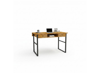 Bruine houten tafel met 2 laden, design kantoormeubilair luxe bureau.