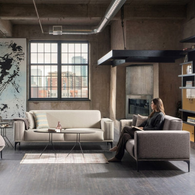 Wit-grijze gestoffeerde designerbanken Woonkamer textielbanken 2x 3-zits.