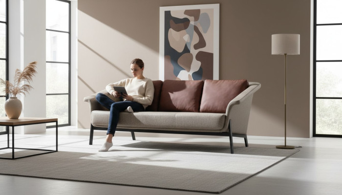 Grijze gestoffeerde designbank driezitsbank woonkamer meubels