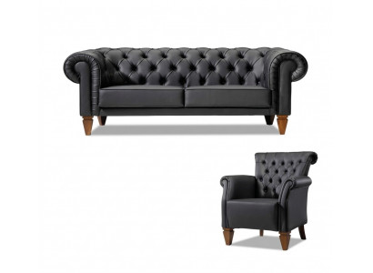 Zwarte Chesterfield zitgroep lederen sofa moderne eenzitter 2-delige set