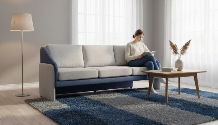 Grijs-blauwe driezitsbank moderne gestoffeerde banken designer woonkamer bank