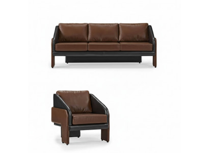 Bruin-zwart leren zithoek stijlvolle driezitter fauteuil 2-delig